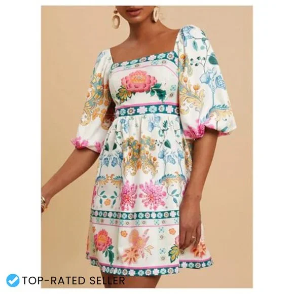 Floral Print Square Neck Puff Sleeve A-Line Boho Summer Dress
